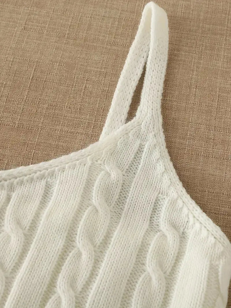 Cable Knit Ribbed Knitted Vest, Sexy Solid V Neck Backless Spaghetti Strap Sweater Vest For Spring & Summer, Women's Clothing