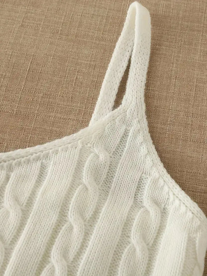 Cable Knit Ribbed Knitted Vest, Sexy Solid V Neck Backless Spaghetti Strap Sweater Vest For Spring & Summer, Women's Clothing