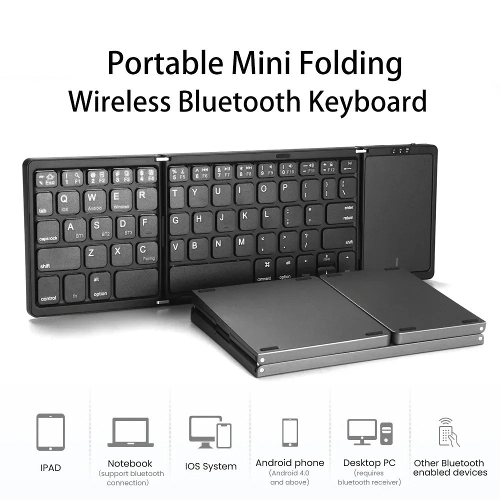3-Folding Keyboard Mini Wireless Keyboard Foldable Dual Bluetooth Keyboard with Touchpad for Windows Android IOS iPad Phone
