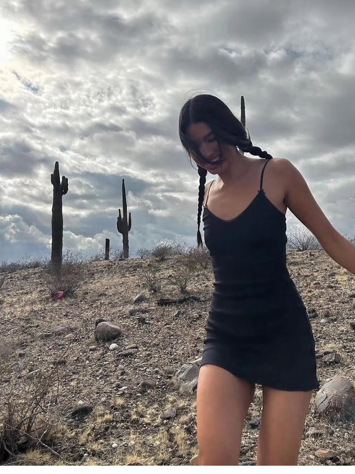 Spaghetti Strap Knit Mini Dress with Wave Hem - Summer Boho Slim Fit Ribbed Textured Dress in Black & White