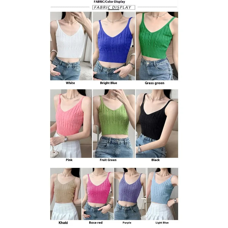 Cable Knit Ribbed Knitted Vest, Sexy Solid V Neck Backless Spaghetti Strap Sweater Vest for Spring & Summer, Women's Clothing