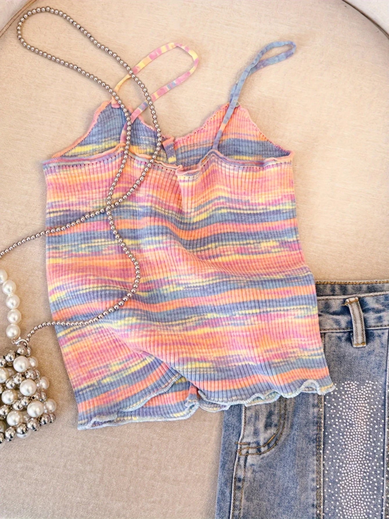 2024 New Stripe Print Spaghetti Strap Top Casual Ruffle Trim Button Front Knit Cami Top For Summer Women's Clothing