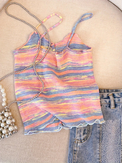 2024 New Stripe Print Spaghetti Strap Top Casual Ruffle Trim Button Front Knit Cami Top For Summer Women's Clothing