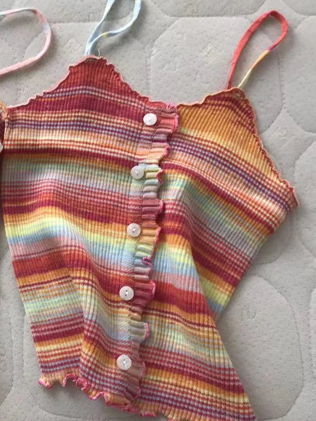 2024 New Stripe Print Spaghetti Strap Top Casual Ruffle Trim Button Front Knit Cami Top For Summer Women's Clothing