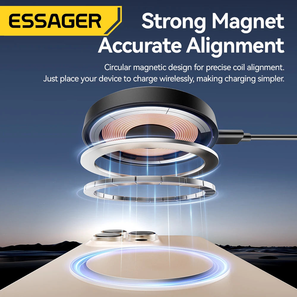 Essager Magnetic Wireless Charger With Holder 15W Fast Charging For iPhone17 16 15 14Pro Max Airpods Mini Wireless Phone Charger