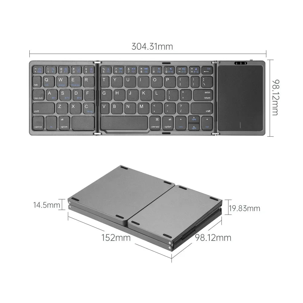 3-Folding Keyboard Mini Wireless Keyboard Foldable Dual Bluetooth Keyboard with Touchpad for Windows Android IOS iPad Phone