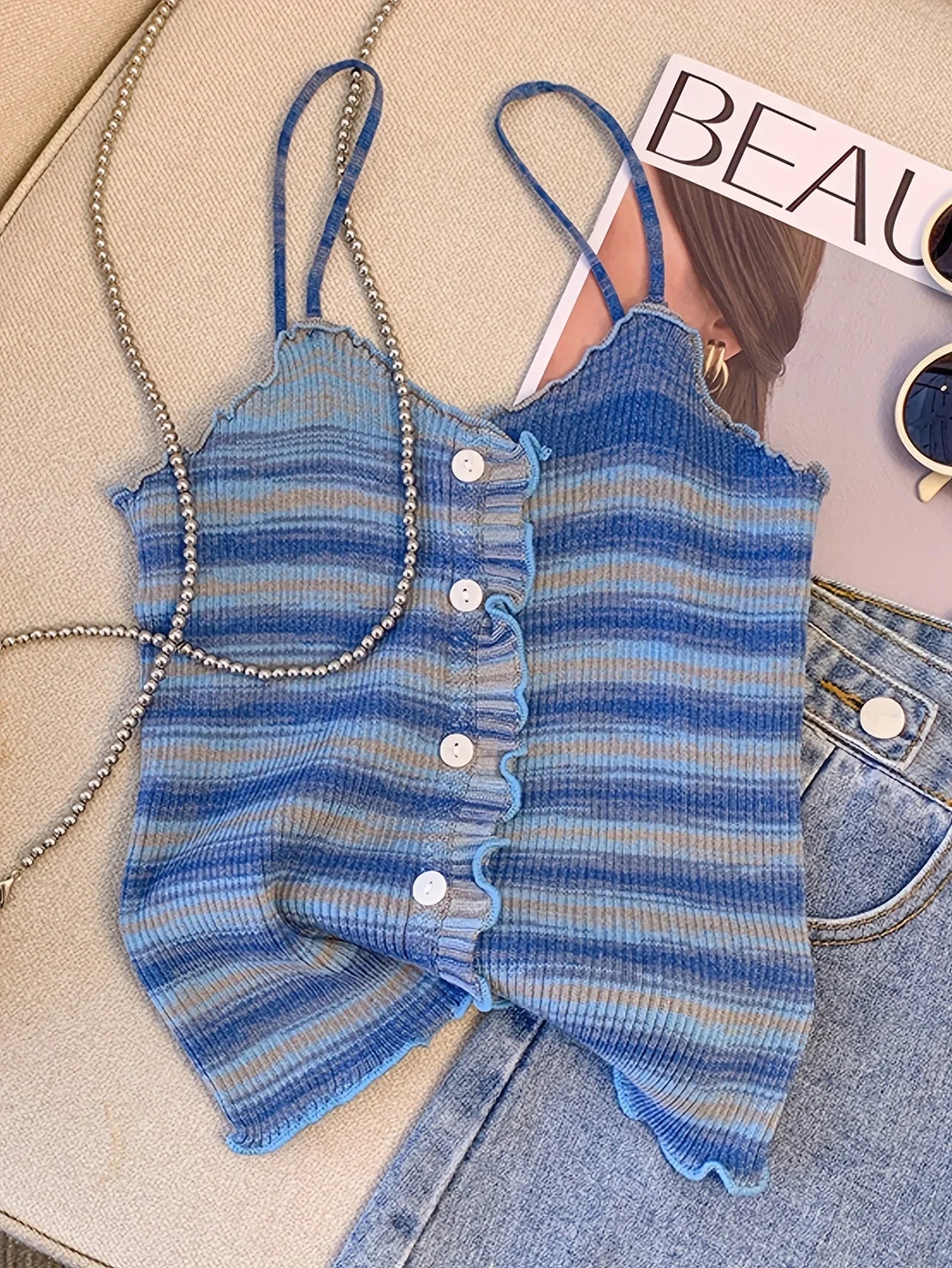 2024 New Stripe Print Spaghetti Strap Top Casual Ruffle Trim Button Front Knit Cami Top For Summer Women's Clothing