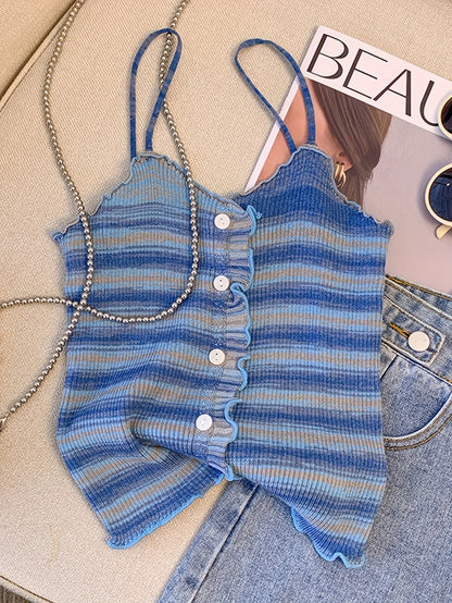 2024 New Stripe Print Spaghetti Strap Top Casual Ruffle Trim Button Front Knit Cami Top For Summer Women's Clothing