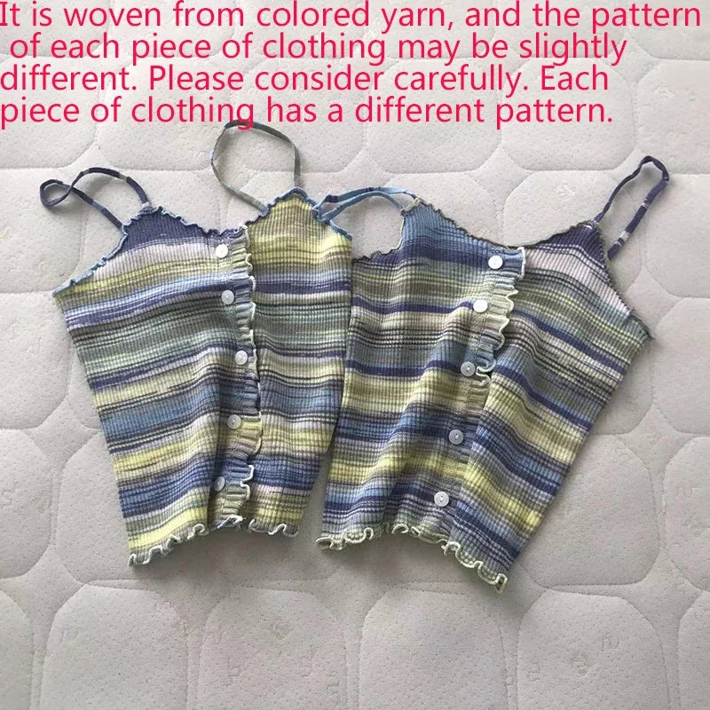 2024 New Stripe Print Spaghetti Strap Top Casual Ruffle Trim Button Front Knit Cami Top For Summer Women's Clothing