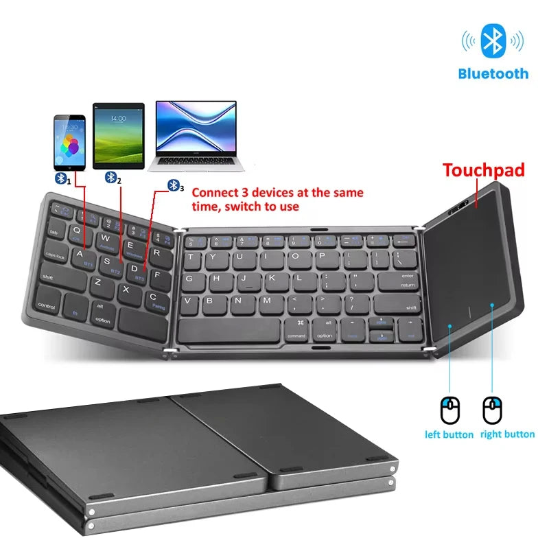 3-Folding Keyboard Mini Wireless Keyboard Foldable Dual Bluetooth Keyboard with Touchpad for Windows Android IOS iPad Phone