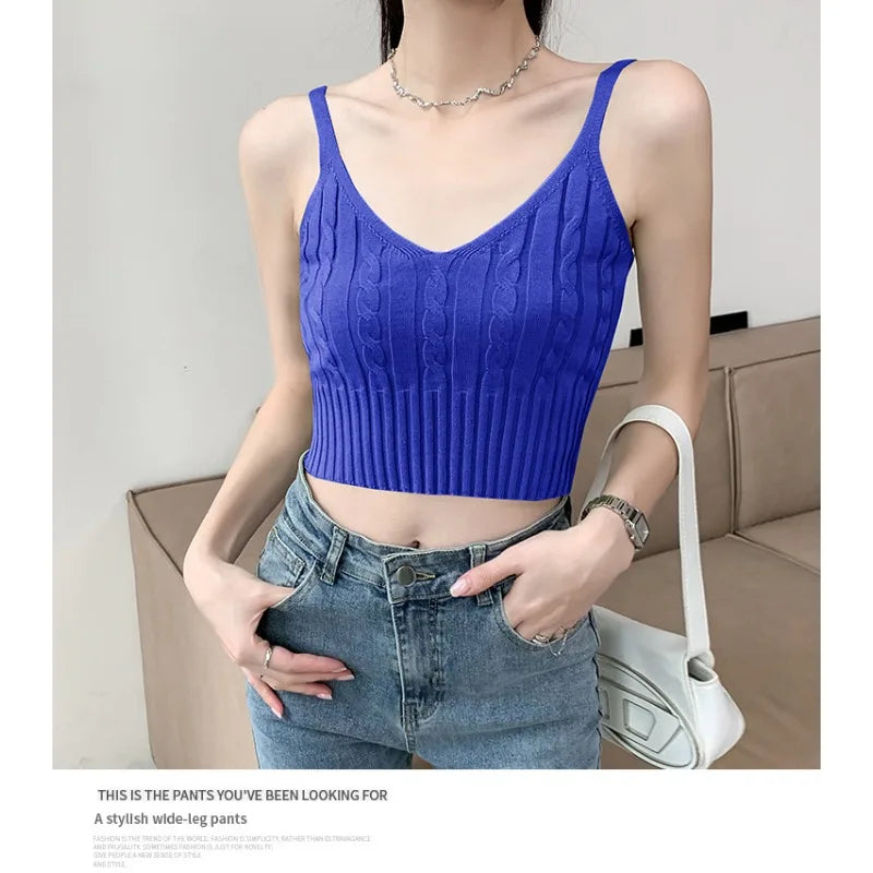 Cable Knit Ribbed Knitted Vest, Sexy Solid V Neck Backless Spaghetti Strap Sweater Vest for Spring & Summer, Women's Clothing