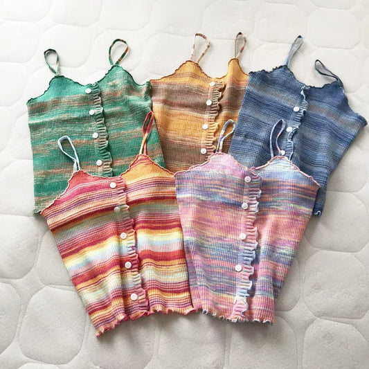 2024 New Stripe Print Spaghetti Strap Top Casual Ruffle Trim Button Front Knit Cami Top For Summer Women's Clothing