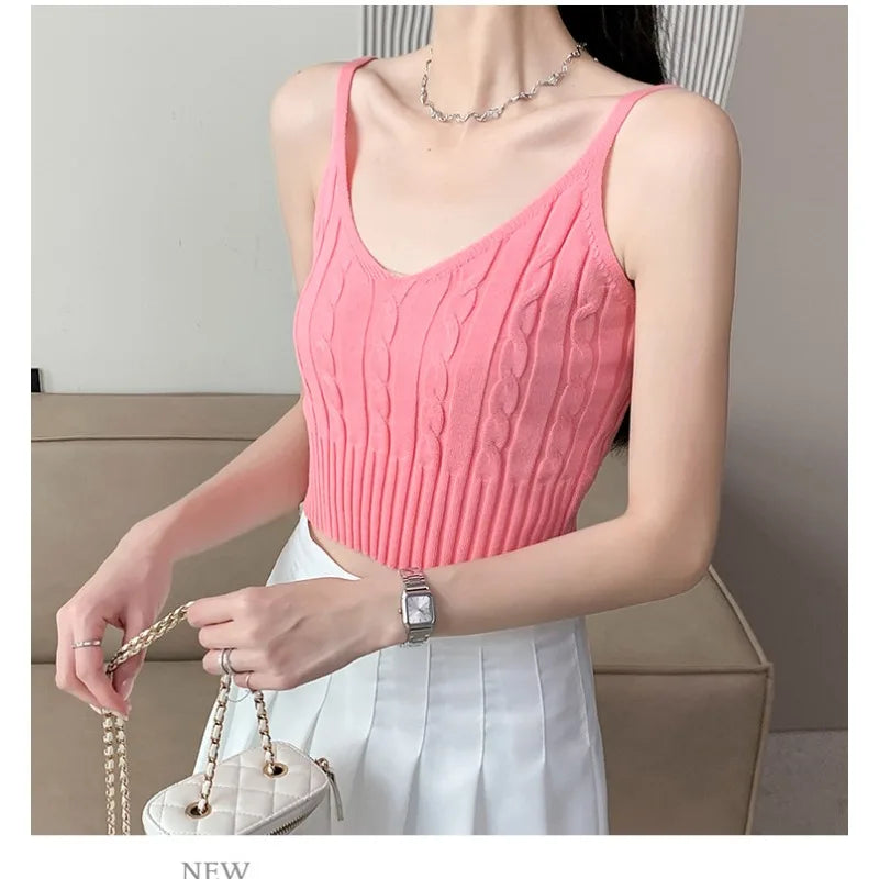 Cable Knit Ribbed Knitted Vest, Sexy Solid V Neck Backless Spaghetti Strap Sweater Vest for Spring & Summer, Women's Clothing