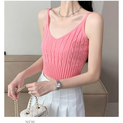 Cable Knit Ribbed Knitted Vest, Sexy Solid V Neck Backless Spaghetti Strap Sweater Vest for Spring & Summer, Women's Clothing