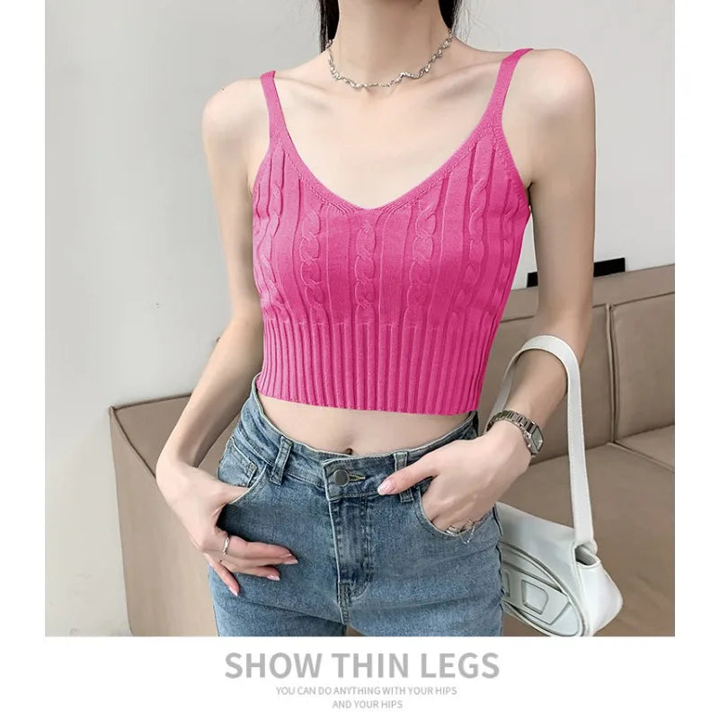 Cable Knit Ribbed Knitted Vest, Sexy Solid V Neck Backless Spaghetti Strap Sweater Vest for Spring & Summer, Women's Clothing