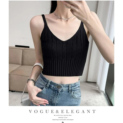 Cable Knit Ribbed Knitted Vest, Sexy Solid V Neck Backless Spaghetti Strap Sweater Vest for Spring & Summer, Women's Clothing