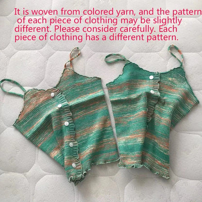 2024 New Stripe Print Spaghetti Strap Top Casual Ruffle Trim Button Front Knit Cami Top For Summer Women's Clothing