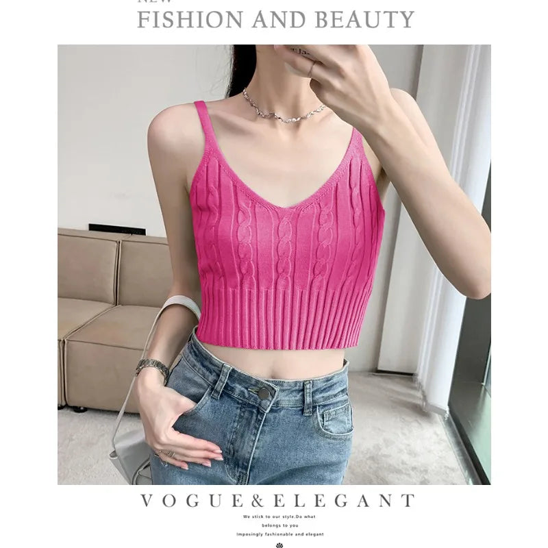 Cable Knit Ribbed Knitted Vest, Sexy Solid V Neck Backless Spaghetti Strap Sweater Vest for Spring & Summer, Women's Clothing