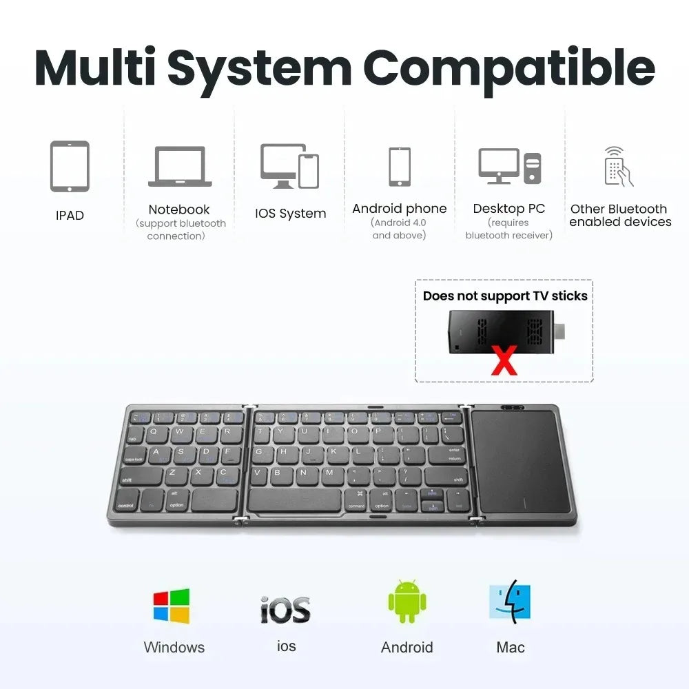 3-Folding Keyboard Mini Wireless Keyboard Foldable Dual Bluetooth Keyboard with Touchpad for Windows Android IOS iPad Phone