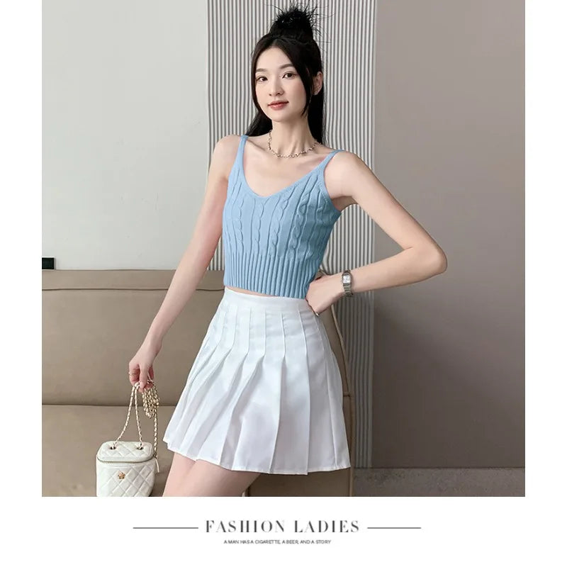 Cable Knit Ribbed Knitted Vest, Sexy Solid V Neck Backless Spaghetti Strap Sweater Vest for Spring & Summer, Women's Clothing