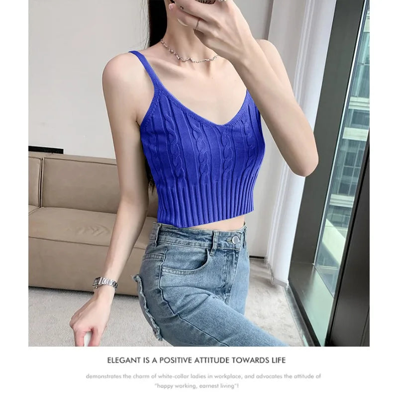 Cable Knit Ribbed Knitted Vest, Sexy Solid V Neck Backless Spaghetti Strap Sweater Vest for Spring & Summer, Women's Clothing