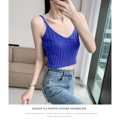 Cable Knit Ribbed Knitted Vest, Sexy Solid V Neck Backless Spaghetti Strap Sweater Vest for Spring & Summer, Women's Clothing