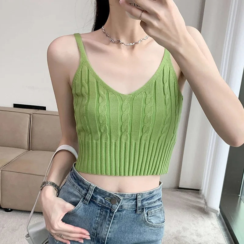 Cable Knit Ribbed Knitted Vest, Sexy Solid V Neck Backless Spaghetti Strap Sweater Vest for Spring & Summer, Women's Clothing