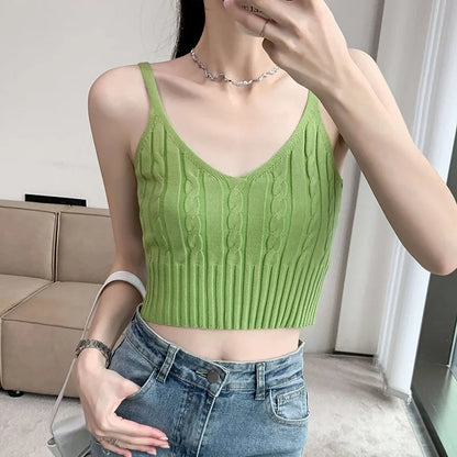 Cable Knit Ribbed Knitted Vest, Sexy Solid V Neck Backless Spaghetti Strap Sweater Vest for Spring & Summer, Women's Clothing