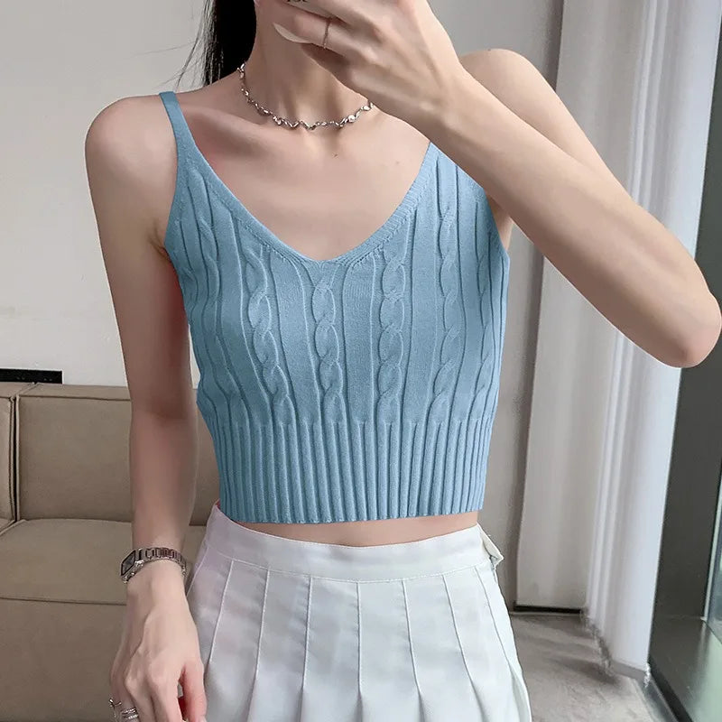 Cable Knit Ribbed Knitted Vest, Sexy Solid V Neck Backless Spaghetti Strap Sweater Vest for Spring & Summer, Women's Clothing