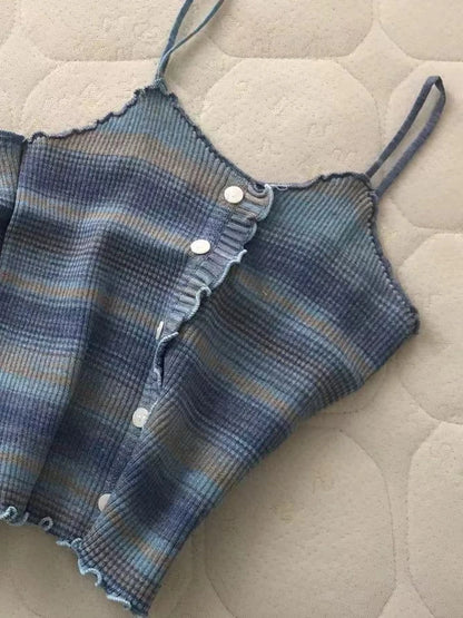 2024 New Stripe Print Spaghetti Strap Top Casual Ruffle Trim Button Front Knit Cami Top For Summer Women's Clothing