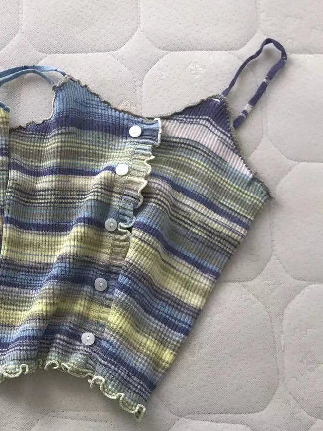 2024 New Stripe Print Spaghetti Strap Top Casual Ruffle Trim Button Front Knit Cami Top For Summer Women's Clothing
