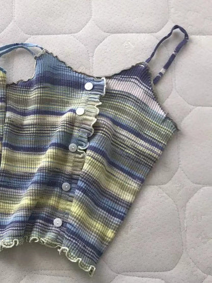 2024 New Stripe Print Spaghetti Strap Top Casual Ruffle Trim Button Front Knit Cami Top For Summer Women's Clothing