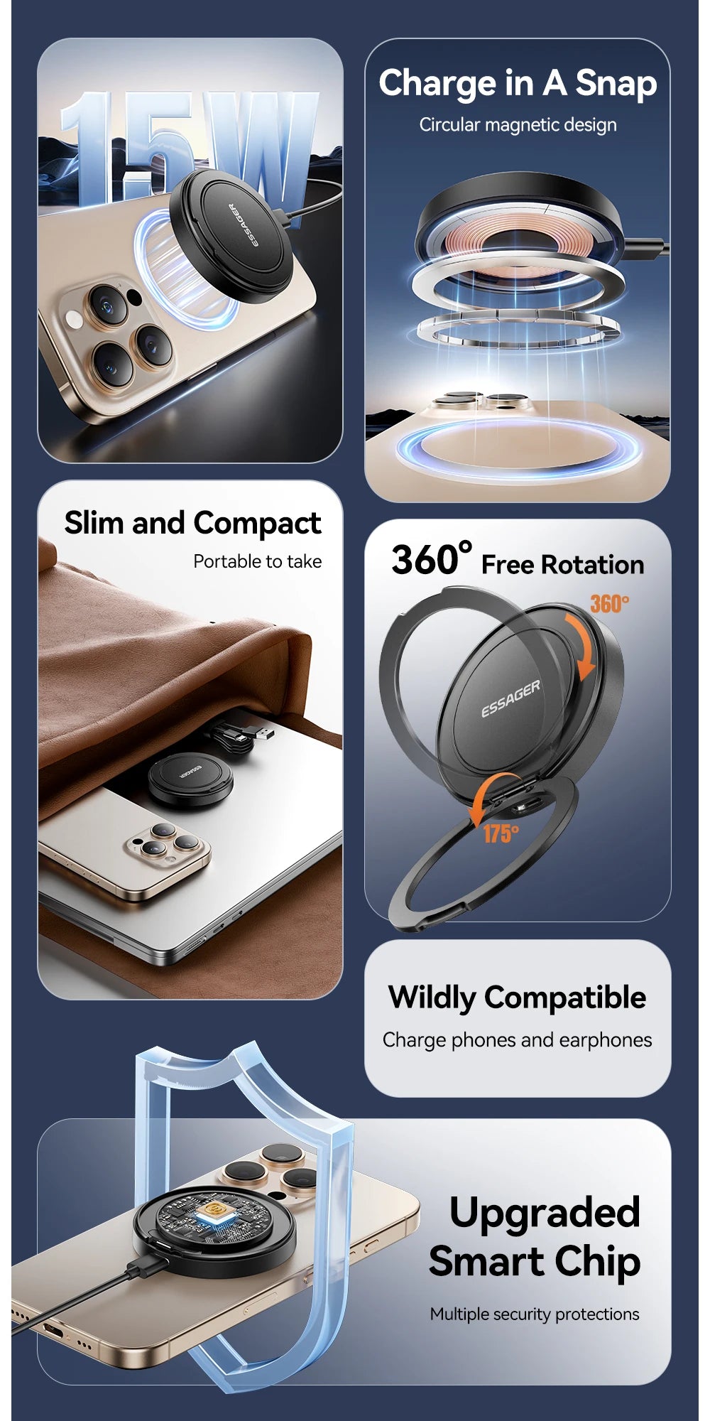 Essager Magnetic 15W Wireless Charger Fast Charging Pad Stand for iPhone 15 14  Airpods USB To Typec Phone Chargers Dock Station