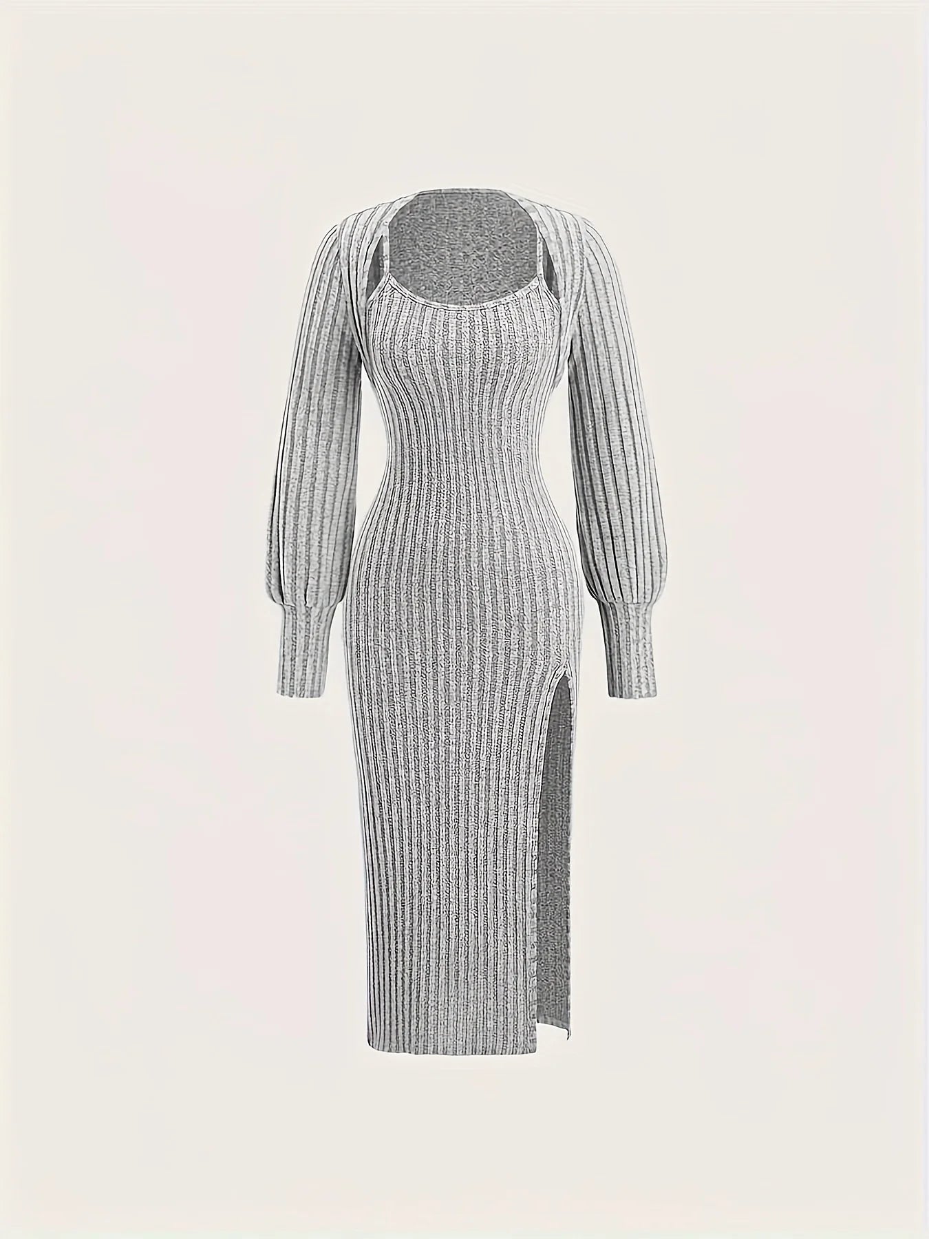 Women's Ribbed Knit Two Piece Set: Long Sleeve Crop Top + Spaghetti Strap Midi Dress with Side Slit (Gray)