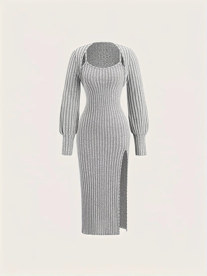 Women's Ribbed Knit Two Piece Set: Long Sleeve Crop Top + Spaghetti Strap Midi Dress with Side Slit (Gray)