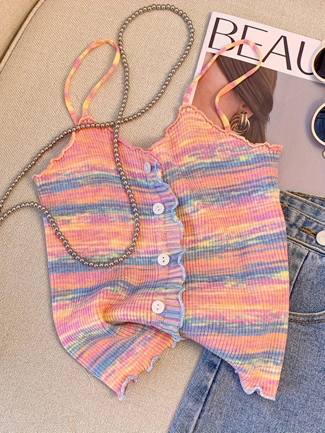 2024 New Stripe Print Spaghetti Strap Top Casual Ruffle Trim Button Front Knit Cami Top For Summer Women's Clothing