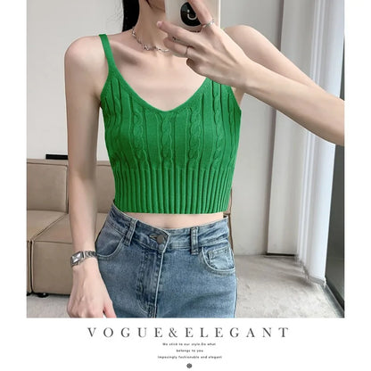Cable Knit Ribbed Knitted Vest, Sexy Solid V Neck Backless Spaghetti Strap Sweater Vest for Spring & Summer, Women's Clothing