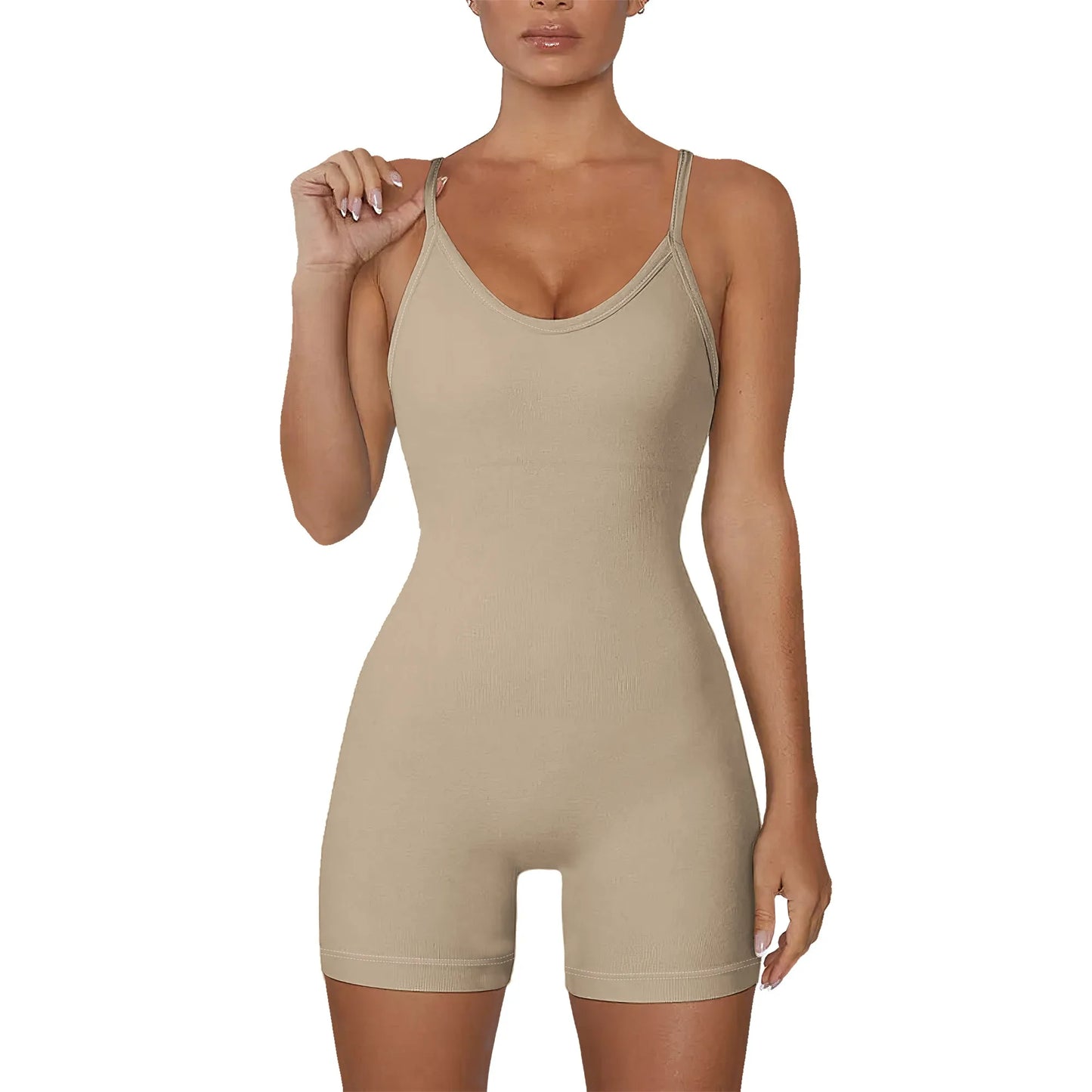 Women’s Ribbed Spaghetti Strap Romper Solid Color Slim Fit Stretchy Yoga Jumpsuit for Summer Workout