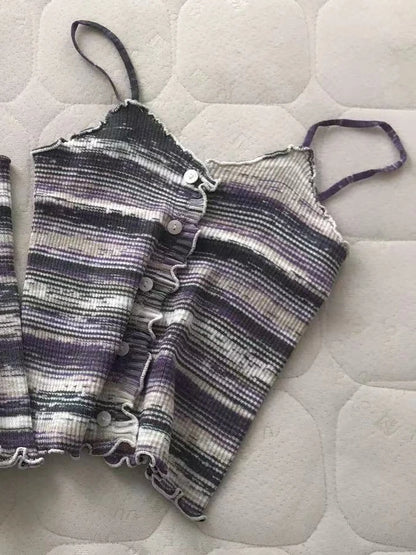 2024 New Stripe Print Spaghetti Strap Top Casual Ruffle Trim Button Front Knit Cami Top For Summer Women's Clothing