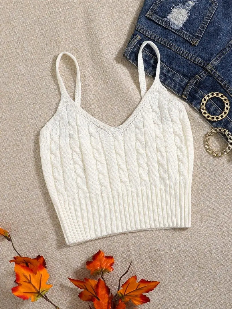 Cable Knit Ribbed Knitted Vest, Sexy Solid V Neck Backless Spaghetti Strap Sweater Vest For Spring & Summer, Women's Clothing