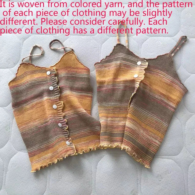 2024 New Stripe Print Spaghetti Strap Top Casual Ruffle Trim Button Front Knit Cami Top For Summer Women's Clothing