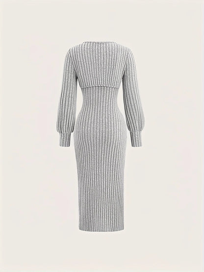 Women's Ribbed Knit Two Piece Set: Long Sleeve Crop Top + Spaghetti Strap Midi Dress with Side Slit (Gray)