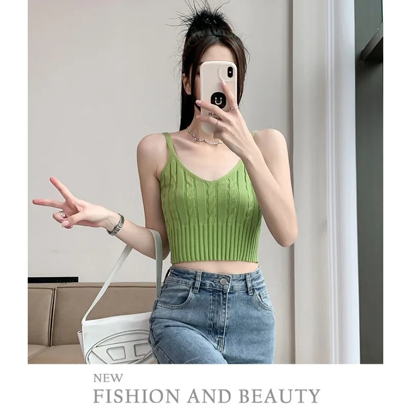 Cable Knit Ribbed Knitted Vest, Sexy Solid V Neck Backless Spaghetti Strap Sweater Vest for Spring & Summer, Women's Clothing