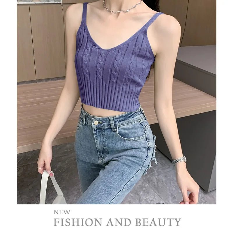 Cable Knit Ribbed Knitted Vest, Sexy Solid V Neck Backless Spaghetti Strap Sweater Vest for Spring & Summer, Women's Clothing