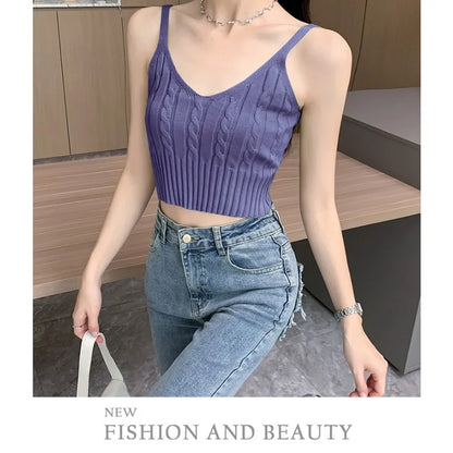Cable Knit Ribbed Knitted Vest, Sexy Solid V Neck Backless Spaghetti Strap Sweater Vest for Spring & Summer, Women's Clothing