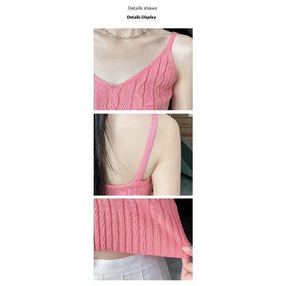 Cable Knit Ribbed Knitted Vest, Sexy Solid V Neck Backless Spaghetti Strap Sweater Vest for Spring & Summer, Women's Clothing