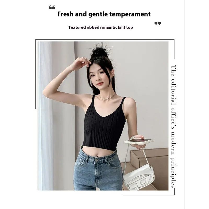 Cable Knit Ribbed Knitted Vest, Sexy Solid V Neck Backless Spaghetti Strap Sweater Vest for Spring & Summer, Women's Clothing