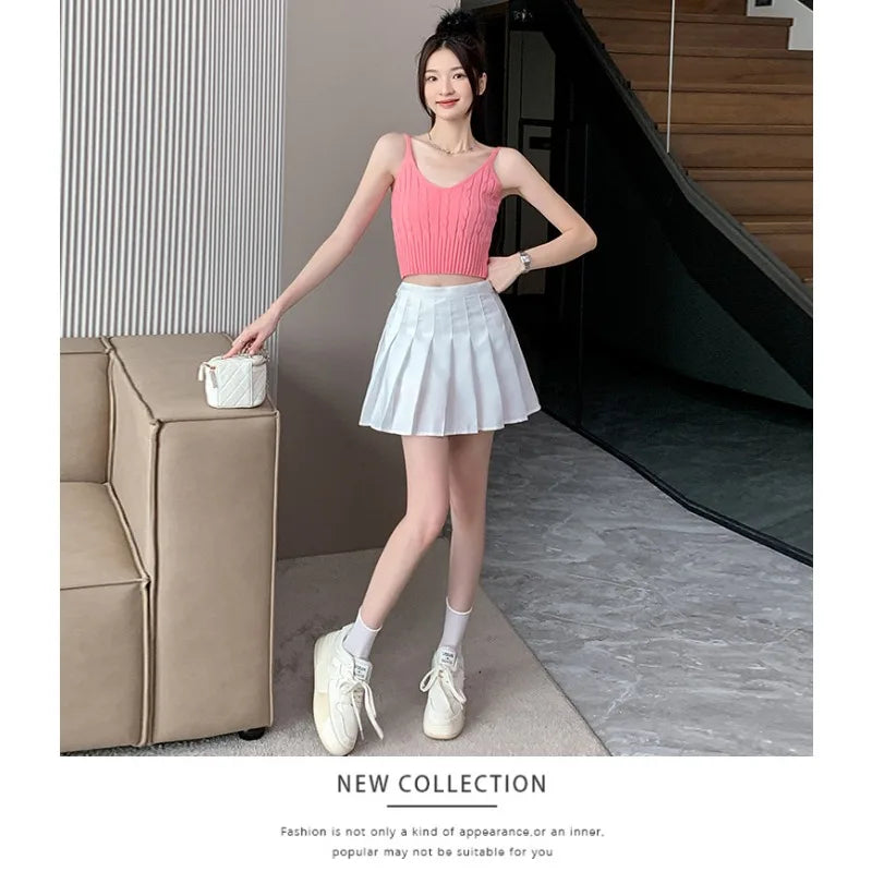 Cable Knit Ribbed Knitted Vest, Sexy Solid V Neck Backless Spaghetti Strap Sweater Vest for Spring & Summer, Women's Clothing