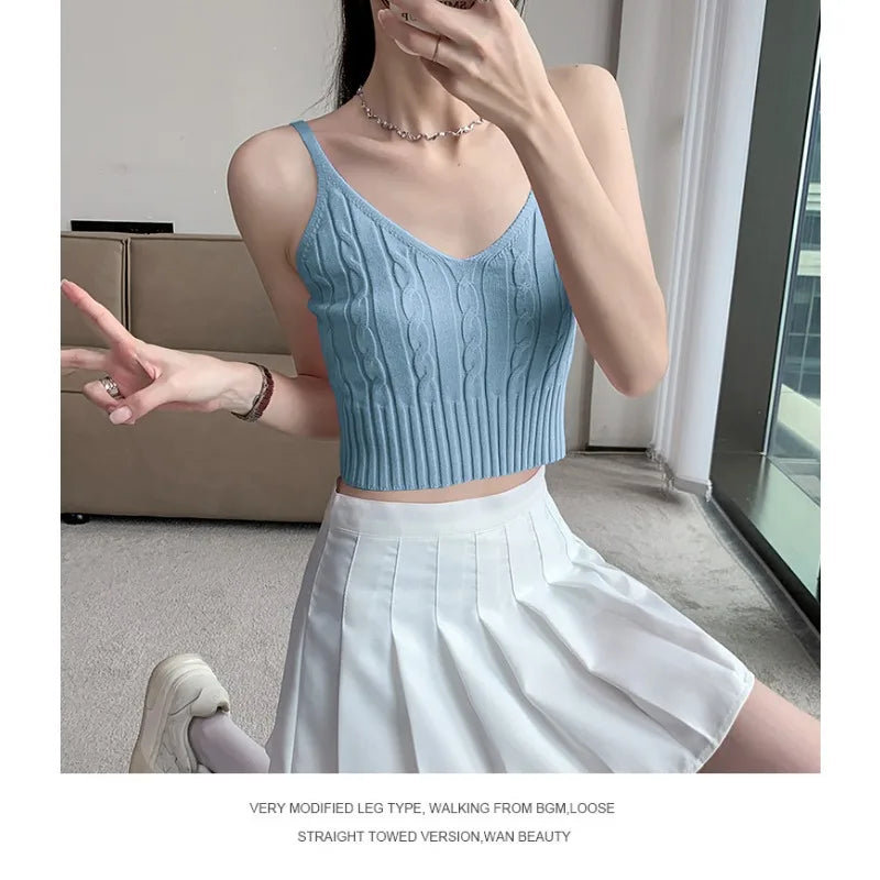 Cable Knit Ribbed Knitted Vest, Sexy Solid V Neck Backless Spaghetti Strap Sweater Vest for Spring & Summer, Women's Clothing