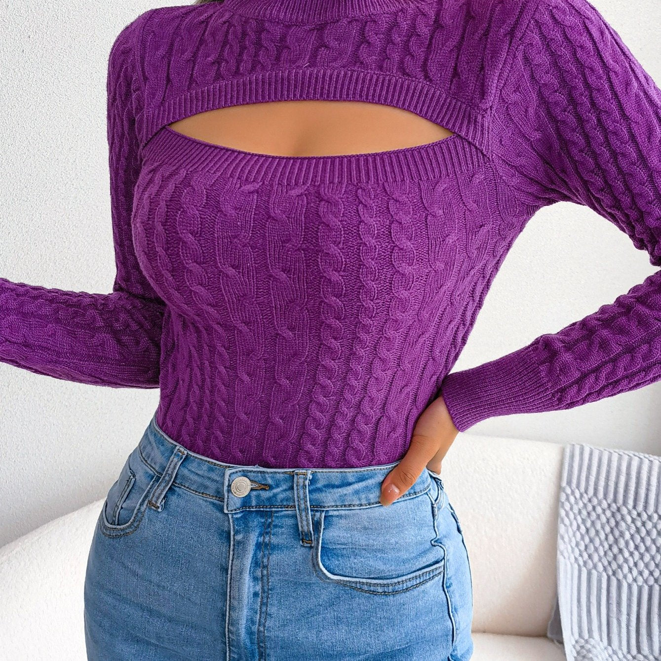 Women'S Long Sleeve Hollow Sweater | High Stretch Fabric, Crew Neck, Sexy Slim Fit, Autumn/Winter